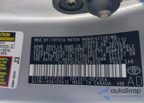 2012 Toyota Corolla S z USA, uszkodzony, nr VIN 2T1BU4EE9CC876035